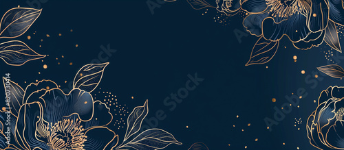 golden peony flowers in navy blue luxury texture background