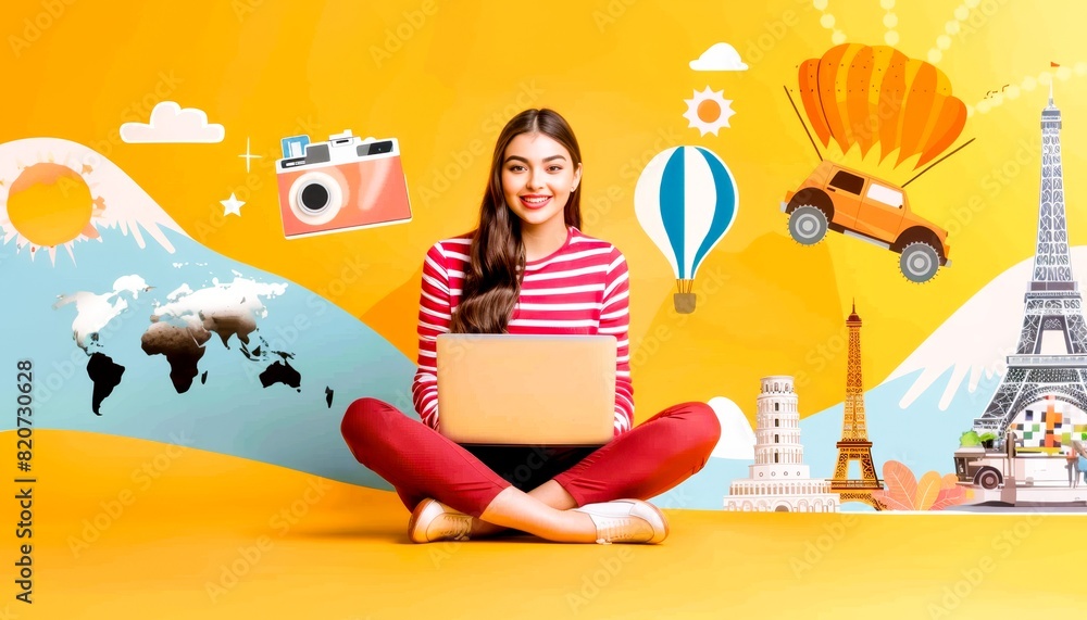 Fototapeta premium Woman Planning Travel with Laptop and Colorful Background.