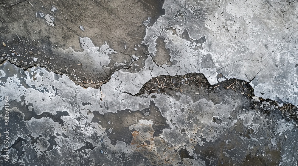 Fototapeta premium Top view of a frost heave crack splitting a factory concrete sidewalk, showing the rugged texture and damage