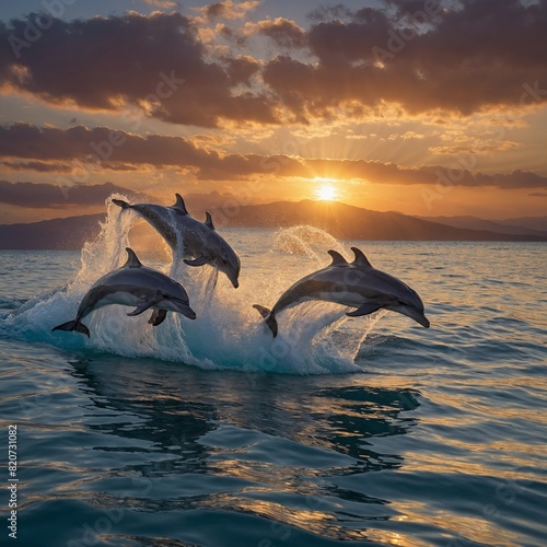 A pod of dolphins jumping out of the water with a sunset backdrop.  