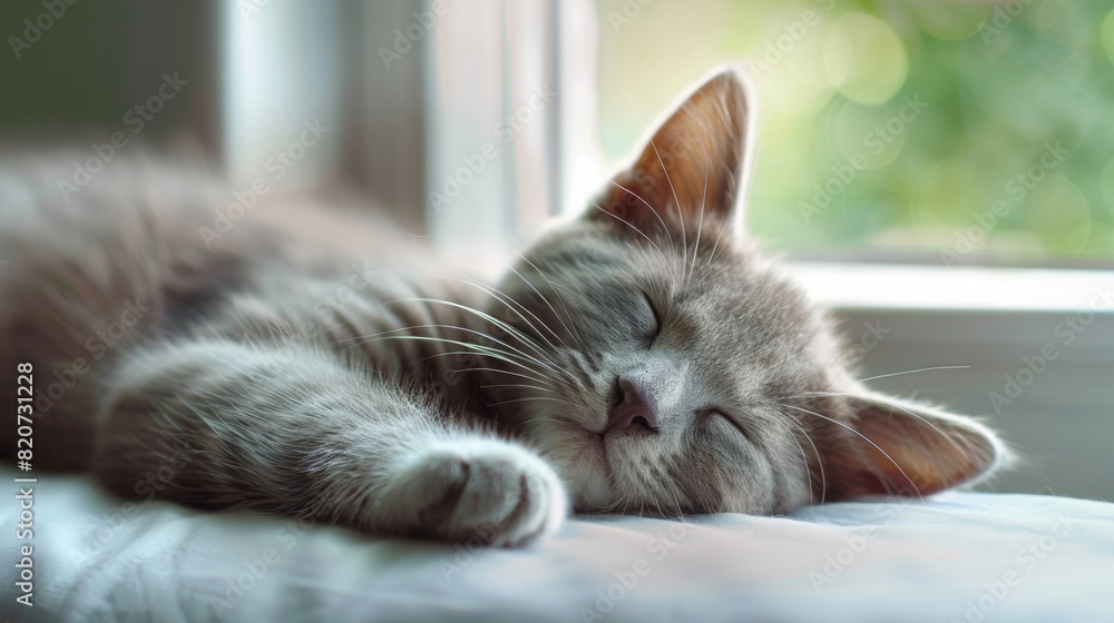 Fototapeta premium a sleeping grey cat cub with closed eyes with window background