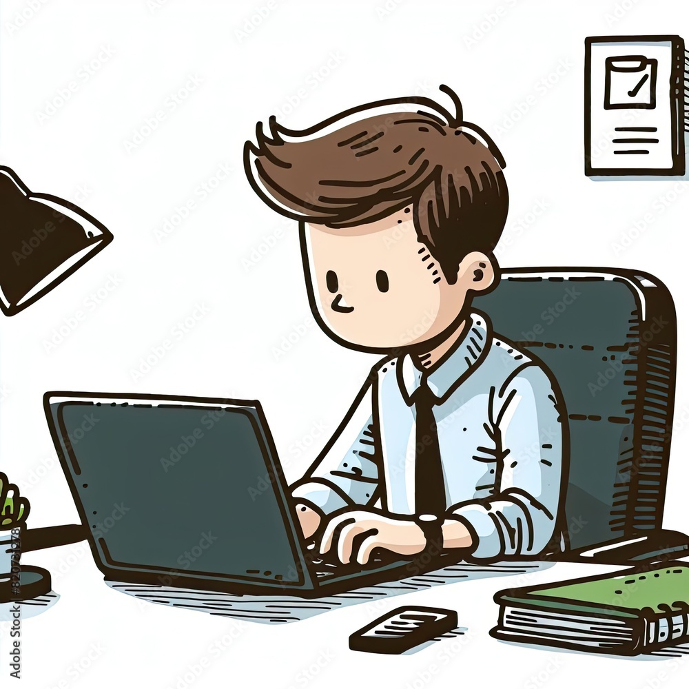 Business man entrepreneur in a suit working on a laptop computer at his clean and sleek office desk. Flat style color modern vector cartoon illustration. Business man entrepreneur in a suit working on a laptop computer at his clean and sleek office desk. Flat style color modern vector cartoon illustration.