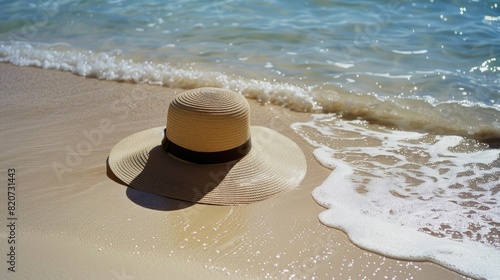 The hat rests on the sandy beach by the waters edge, under the warm sunlight. The fluid waves gently kiss the shore, creating a peaceful landscape with a wooden horizon AIG50
