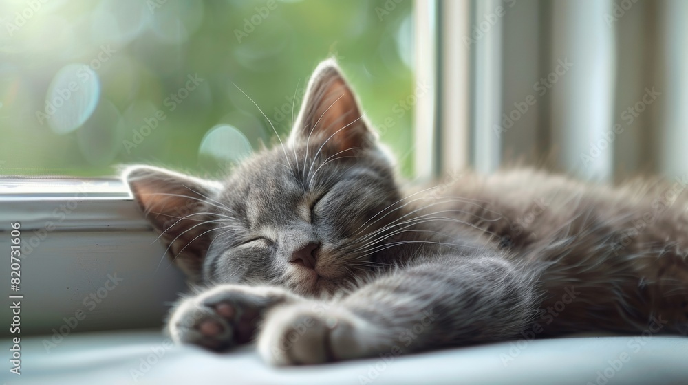 a sleeping grey cat cub with closed eyes with window background a sleeping grey cat cub with closed eyes with window background