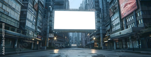Empty Billboard Frame Dominates Futuristic City Center Mall in Minimalist Industrial Design photo