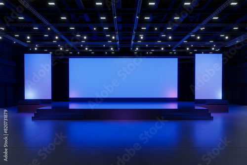 Empty stage Design for mockup and Corporate identity,Display.Platform elements in hall.Blank screen system for Graphic Resources.Scene event led night light staging.3d Background for online.3 render.
