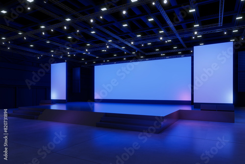 Empty stage Design for mockup and Corporate identity,Display.Platform elements in hall.Blank screen system for Graphic Resources.Scene event led night light staging.3d Background for online.3 render.