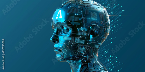 Human head Artificial intelligence for the future rise in technological singularity with bluu dark background photo