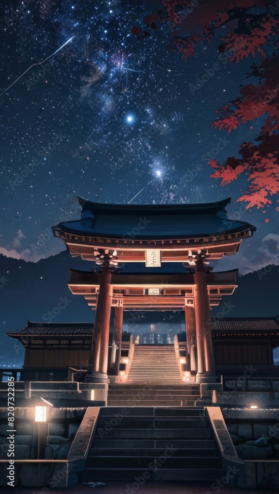 Itsukushima Shrine with night sky galaxy in the background