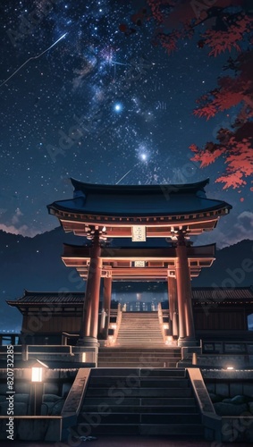 Itsukushima Shrine with night sky galaxy in the background photo