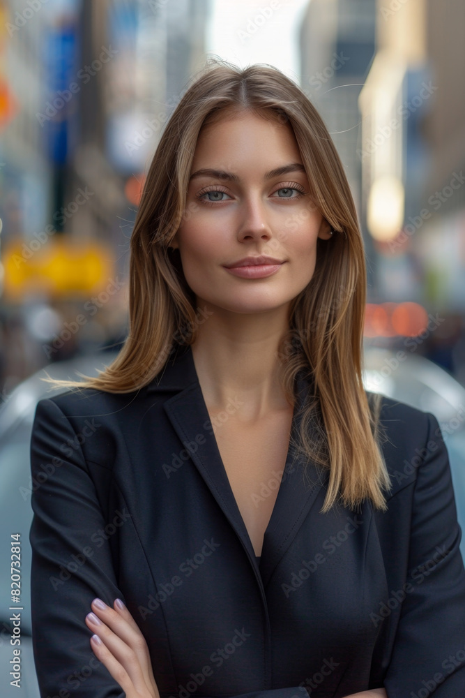 Elegant female businesswoman with straight hair in city environment Elegant female businesswoman with straight hair in city environment