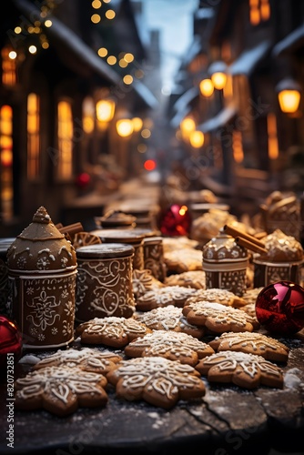Christmas and New Year decoration with gingerbread cookies and snowflakes