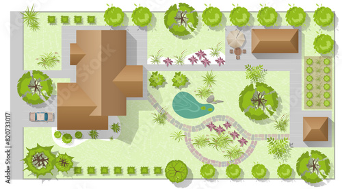 Landscape design plan with house, courtyard, lawn and garage top view. Highly detailed plan of country with modern cottage, garden, pond, pool. Vector illustration of Cityscape, Map of town, village
