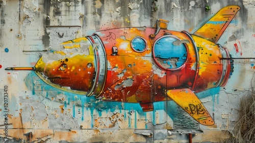 Street art graffiti of a sealed environment rescue pod on an urban wall, featuring dynamic shapes and vivid colors