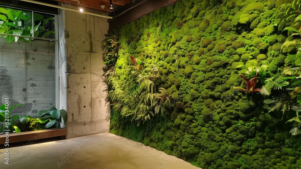 Fototapeta premium A drawing room with a wall of live moss art, creating a natural and calming ambiance