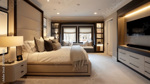 A luxury bedroom with a plush, king-sized bed and a sleek, built-in media console