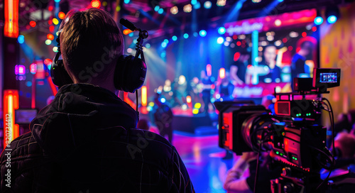 A camera crew is filming the back of a host on stage with lights and an audience in the background