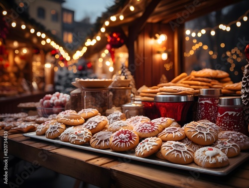 Christmas cookies on a wooden table in front of a Christmas market.