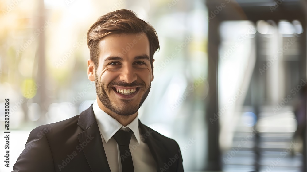 Smiling young businessman in a black suit and tie standing in a modern urban environment with sunlight in the background. Smiling young businessman in a black suit and tie standing in a modern urban environment with sunlight in the background.