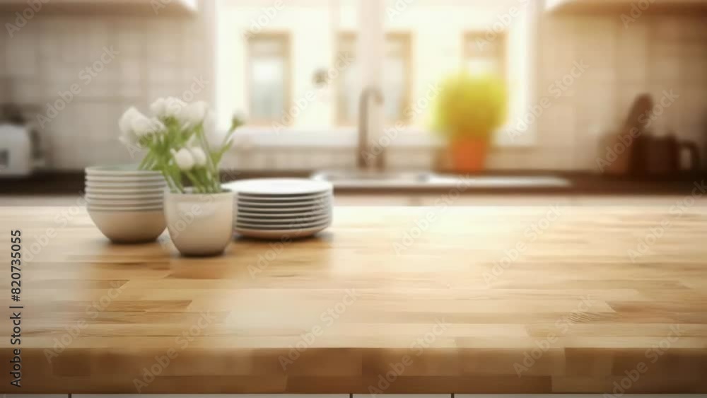 A kitchen counter with a vase of flowers and a stack of white plates. The counter is made of wood and has a natural, warm feel to it. The vase of flowers adds a touch of color A kitchen counter with a vase of flowers and a stack of white plates. The counter is made of wood and has a natural, warm feel to it. The vase of flowers adds a touch of color