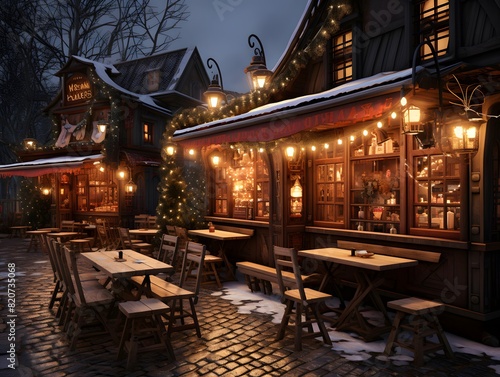 Wooden cafe at night with Christmas lights in the city. Winter evening