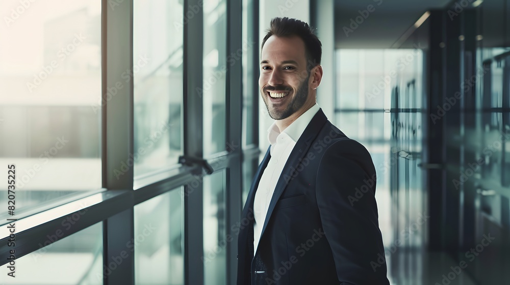 Confident businessman in a suit smiling in a modern office corridor with large glass windows, exuding professionalism and success.