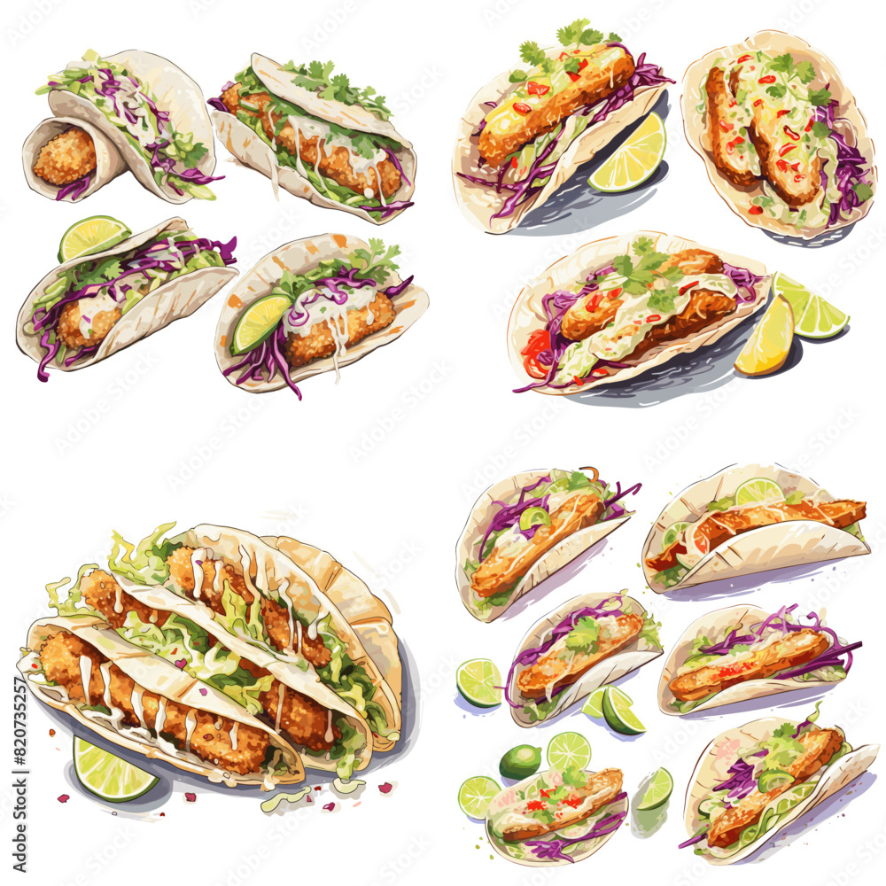 Delicious tacos isolated on white, collage design. vectors illustrations Delicious tacos isolated on white, collage design. vectors illustrations
