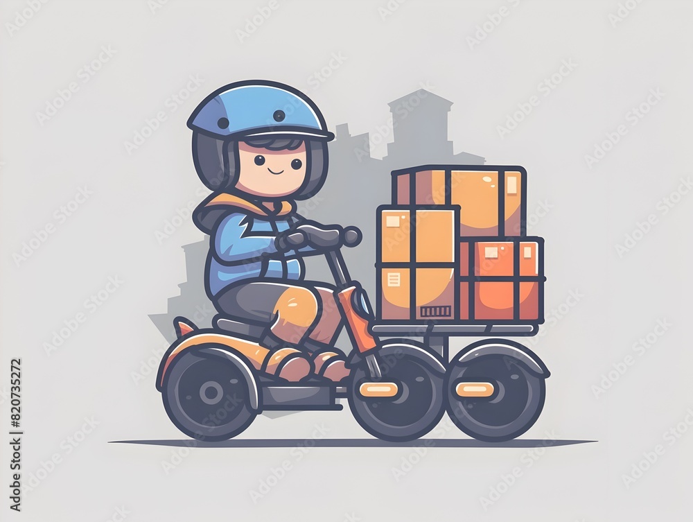 Cartoon Delivery Person Zips Through City on Segway Scooter Cartoon Delivery Person Zips Through City on Segway Scooter