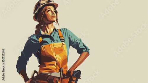 Female worker with tool on light background Vector illustration