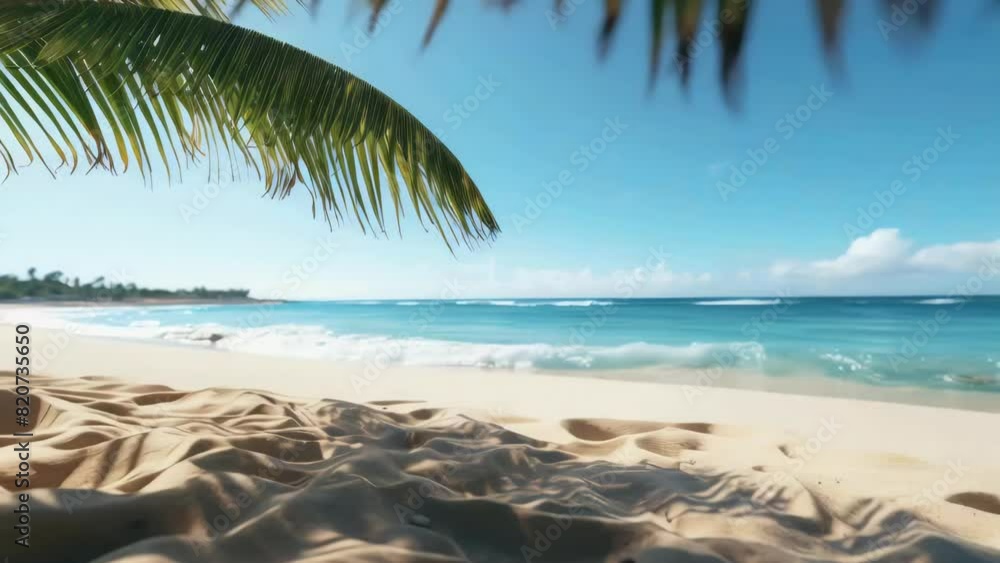A palm tree is in the foreground of a beach with a clear blue sky. The beach is empty and the water is calm A palm tree is in the foreground of a beach with a clear blue sky. The beach is empty and the water is calm