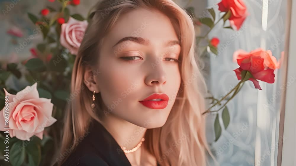Portrait of woman with red lipstick and roses with Ai generated.
Portrait of woman with red lipstick and roses with Ai generated.