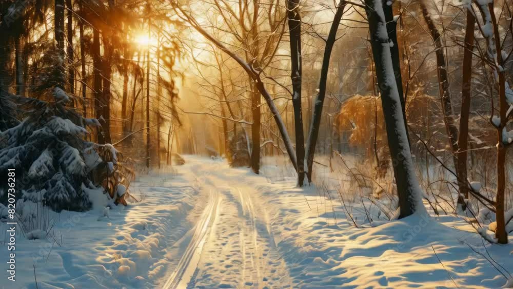 A snow covered forest with a path through it. The sun is shining through the trees, casting a warm glow on the snow. The scene is peaceful and serene, with the snow-covered ground A snow covered forest with a path through it. The sun is shining through the trees, casting a warm glow on the snow. The scene is peaceful and serene, with the snow-covered ground
