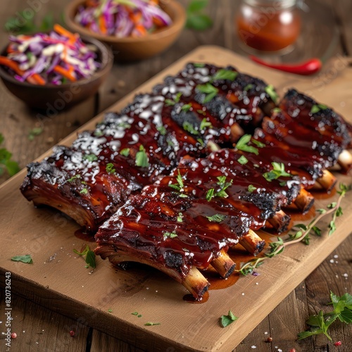 a generous serving of barbeque sticky ribs served on a wooden platter alongside a side dish of finely chopped coleslaw