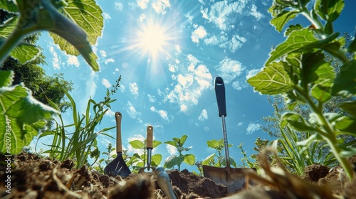 Set of agricultural tools on a fertile farm, seen from below, evoking paradise with rich vegetation and clear, bright skies photo