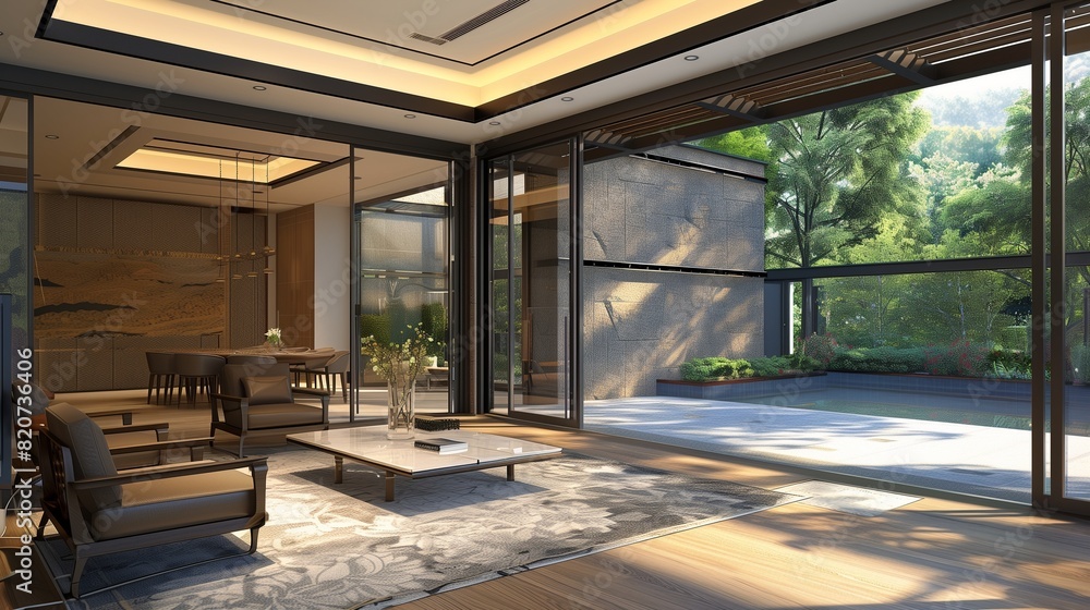 Fototapeta premium A drawing room with a wall of sliding glass doors that seamlessly connect to an outdoor terrace
