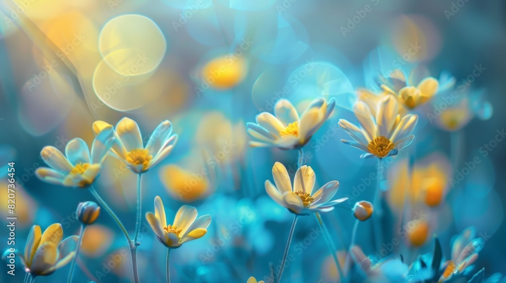 Fototapeta premium flowers in macro life-size art canvas in three dimensions. in beautiful bleu and yellow colors bokeh