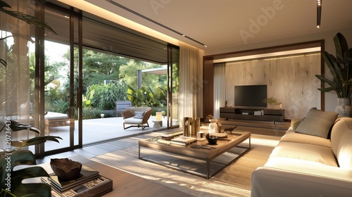 A drawing room with a wall of sliding glass doors that seamlessly connect to an outdoor terrace