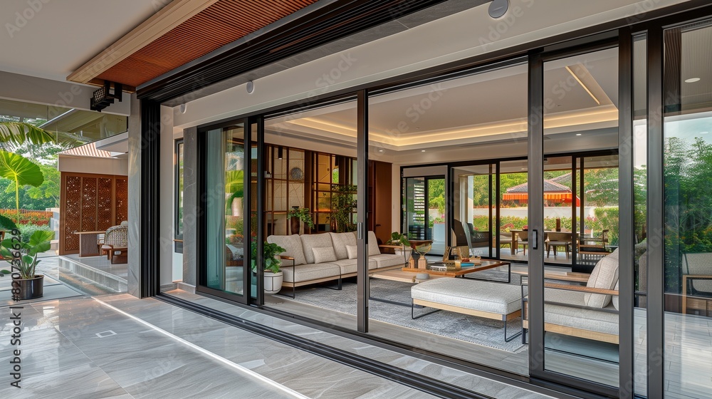 A drawing room with a wall of sliding glass doors that seamlessly connect to an outdoor terrace A drawing room with a wall of sliding glass doors that seamlessly connect to an outdoor terrace