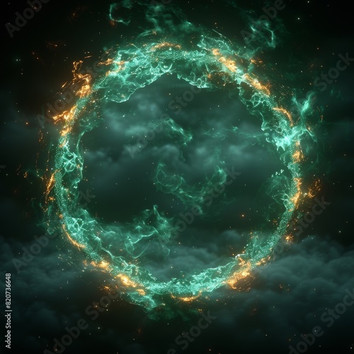 Glowing green torus ring made up of a swirling particles and the smoke from the fire is rising up into the air is isolated on a black background.
