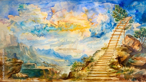 Watercolor Biblical Illustration of Jacob’s Ladder Dream for Inspirational Use