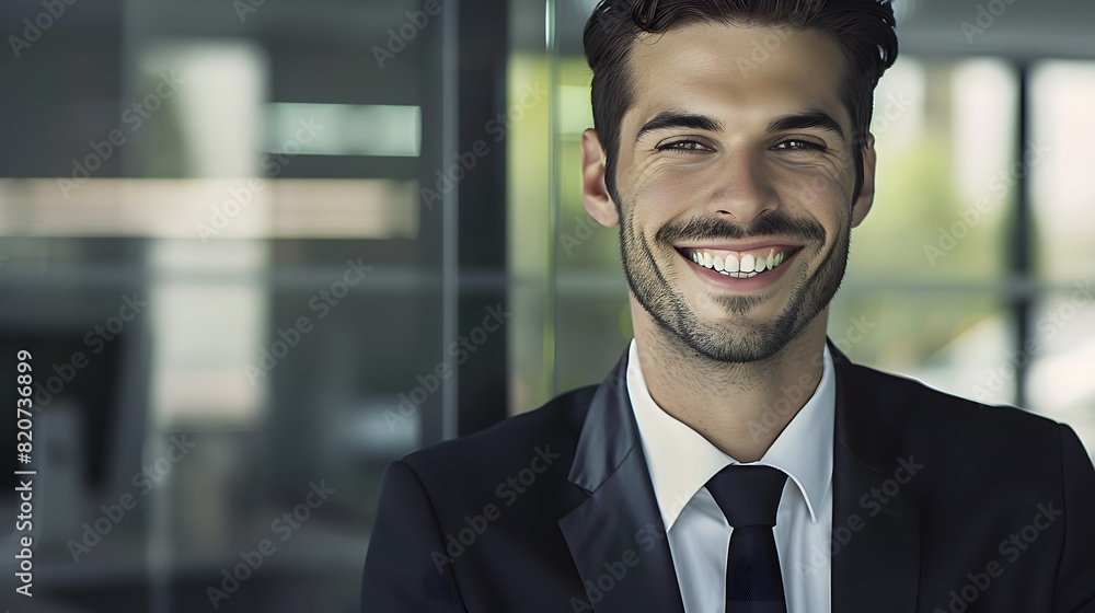 Fototapeta premium Confident young businessman in a suit smiling at the camera in a modern office environment.
