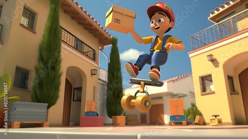Playful Delivery Cartoon of a Delivery Person Bouncing on a Pogo Stick photo