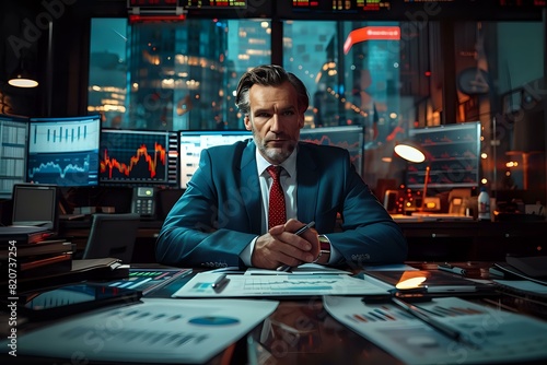 Investment Accountant immersed in investment portfolio review in bustling office