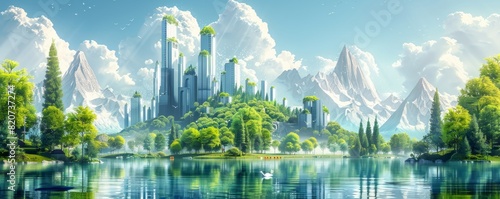 A bioengineered utopia where lush gardens and crystal-clear lakes coexist with towering spires of glass and steel, blending nature and technology in perfect harmony.   illustration.