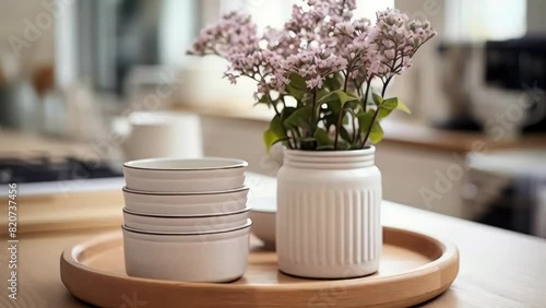 A white vase with flowers sits on a wooden tray. The tray is placed on a countertop, and there are four white bowls on the countertop as well. Concept of warmth and homeliness