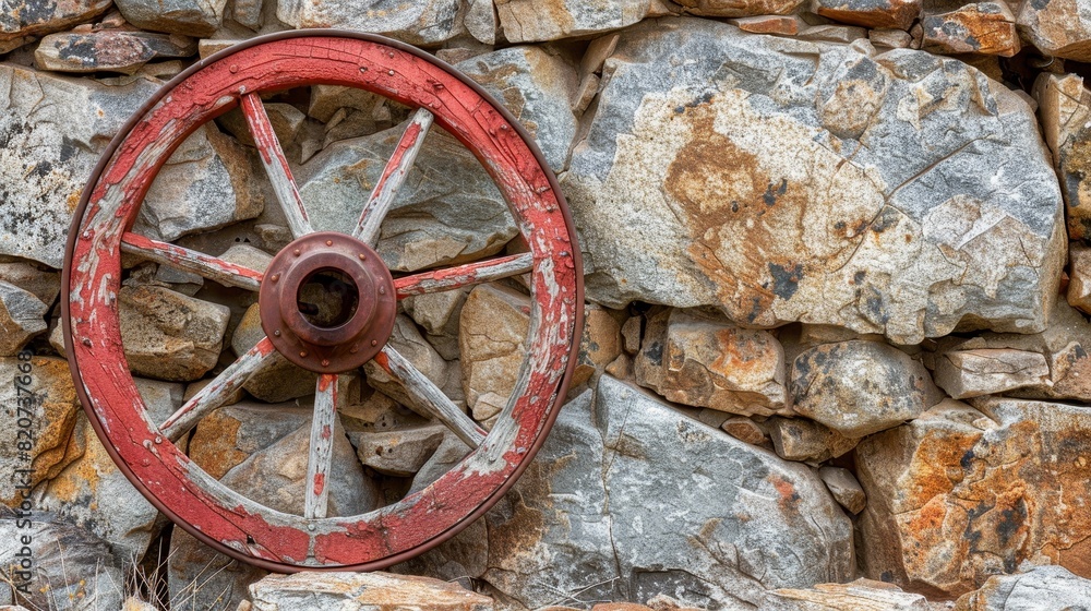 Red wagon wheel fixed on a weathered rocky wall, a blend of history and ...