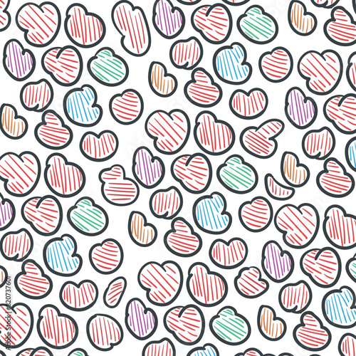 A cluster of rounded cartoon shapes or pebbles with colored shading inside.