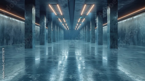 An empty hall with led lights on it, gray walls and shiny concrete floor. The large space of a modern car garage. 3d illustration. generative ai.