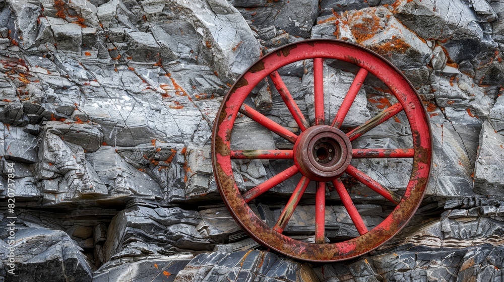 Red wagon wheel fixed on a weathered rocky wall, a blend of history and ...