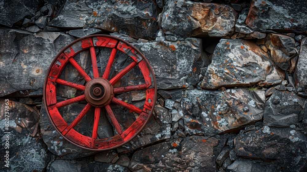 Red wagon wheel fixed on a weathered rocky wall, a blend of history and ...